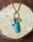 Lure Pendant - Brass, Aquamarine, Vesuvanite + Chrysocolla