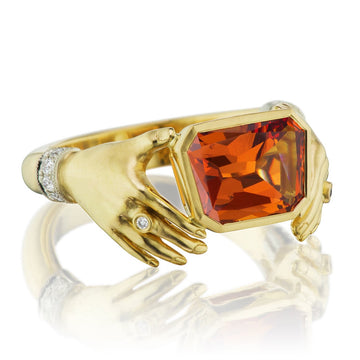 Nana Spessartite Adorned Hands Ring - 18ky, Platinum, Garnet + Diamond