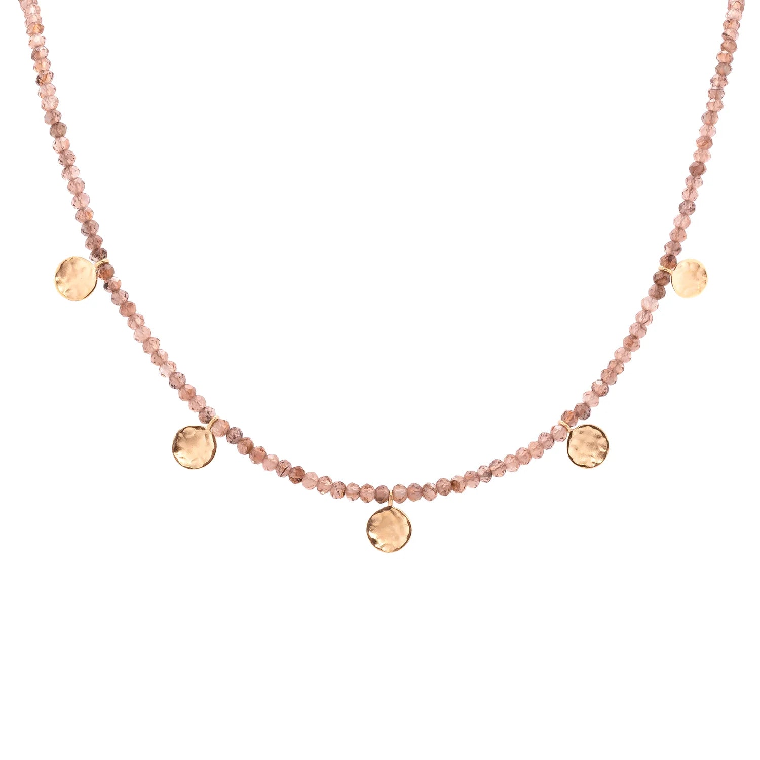 Brown Champagne Garnet Wrap Gemstone Mini Hammered Disc Station Necklace - 18k Gold + Brown Champagne Garnet