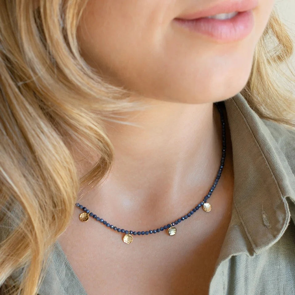 Turquoise Wrap Gemstone Mini Hammered Disc Station Necklace - 18k Gold + Turquoise