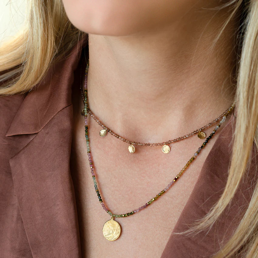 Turquoise Wrap Gemstone Mini Hammered Disc Station Necklace - 18k Gold + Turquoise