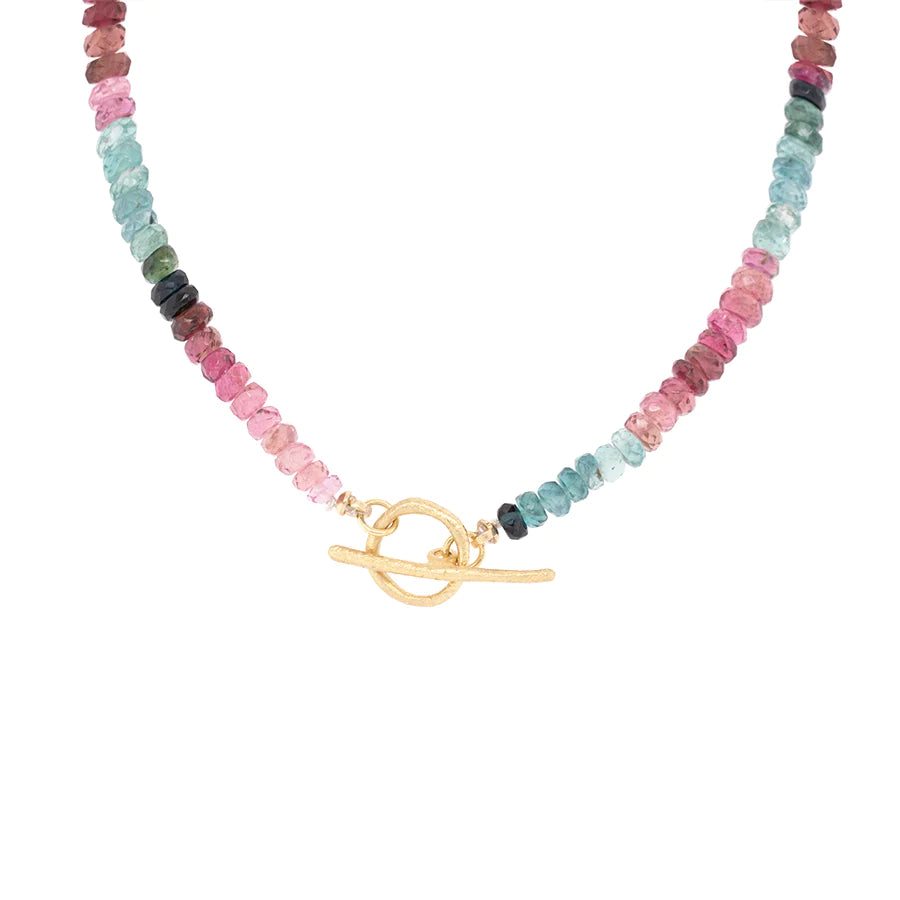 Watermelon Tourmaline Natural Gemstone Boulder Toggle Necklace - 18k Gold + Watermelon Tourmaline