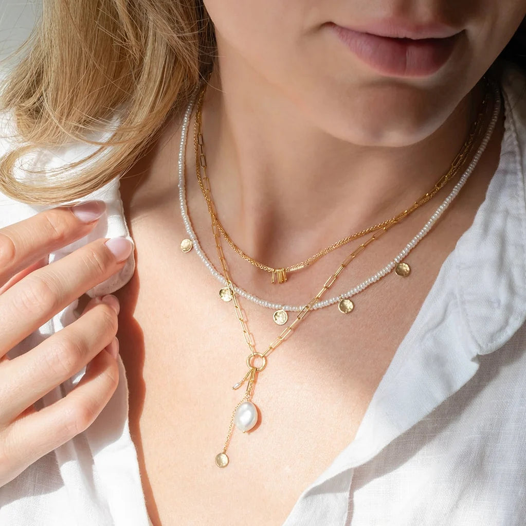 Turquoise Wrap Gemstone Mini Hammered Disc Station Necklace - 18k Gold + Turquoise