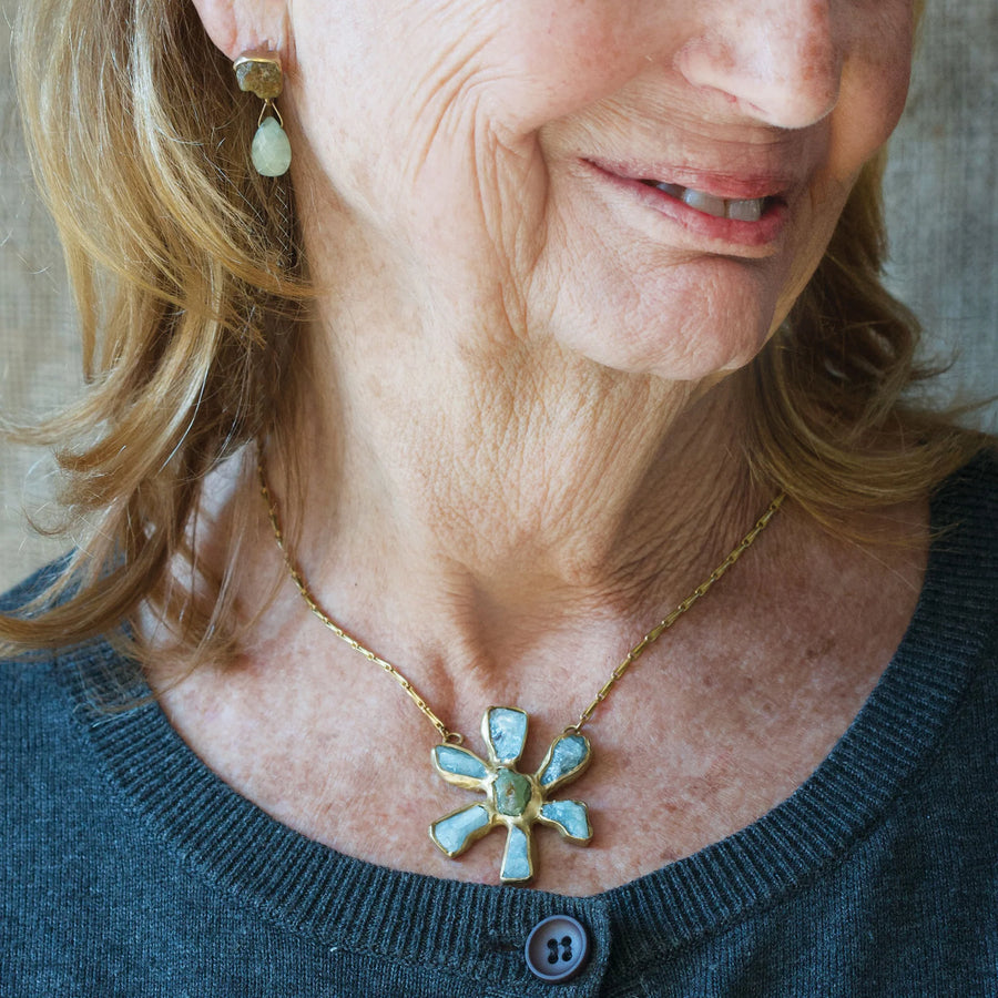 Sea Flower Pendant - Brass, Aquamarine + Green Garnet