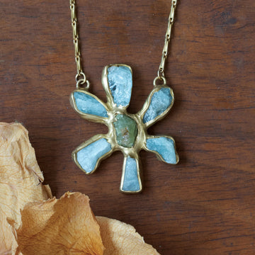 Sea Flower Pendant - Brass, Aquamarine + Green Garnet