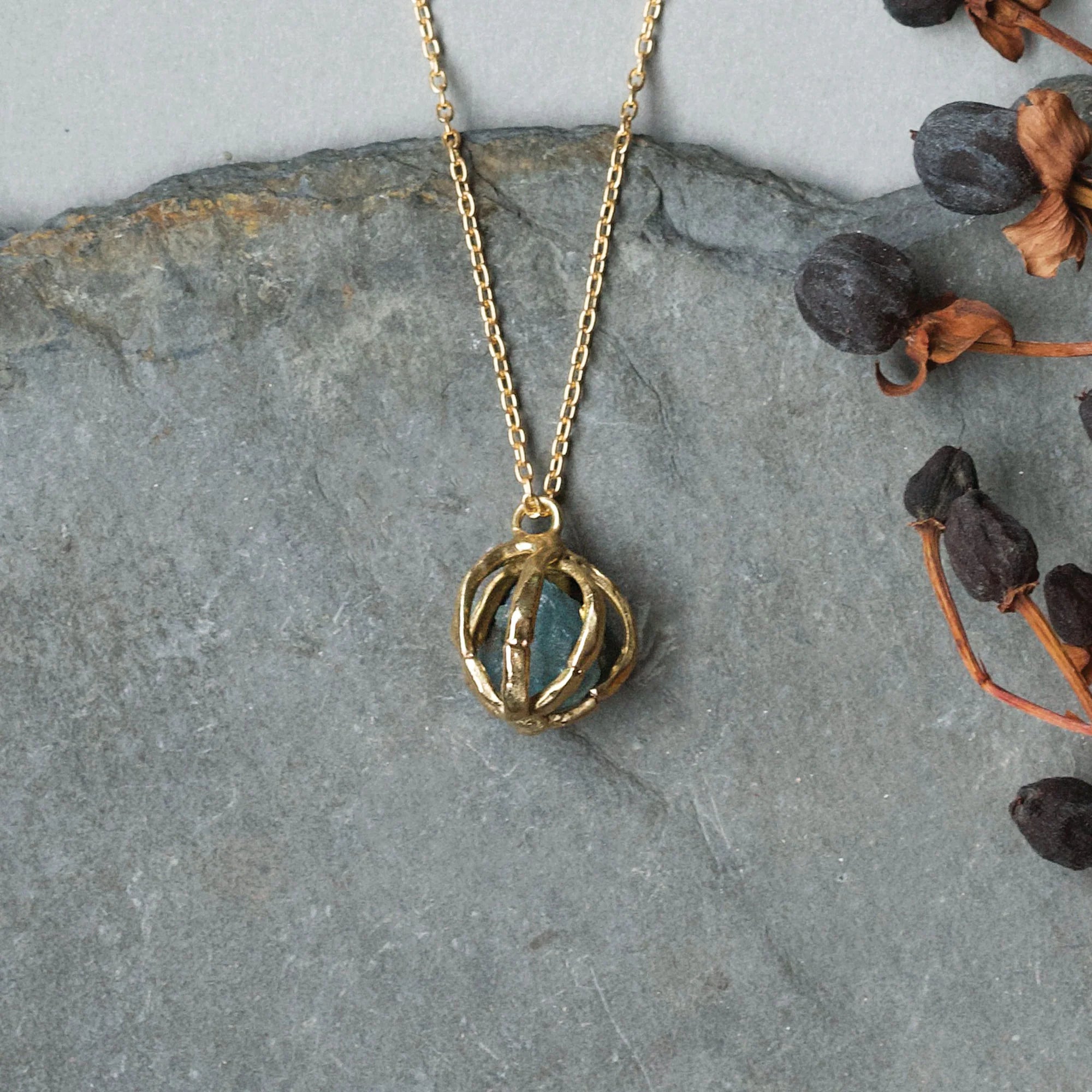 Seed Pod Pendant -  Brass + Aquamarine