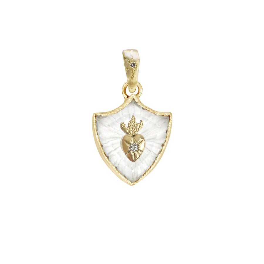 Small Shield Sacred Heart Amulet Charm - 14ky + Quartz