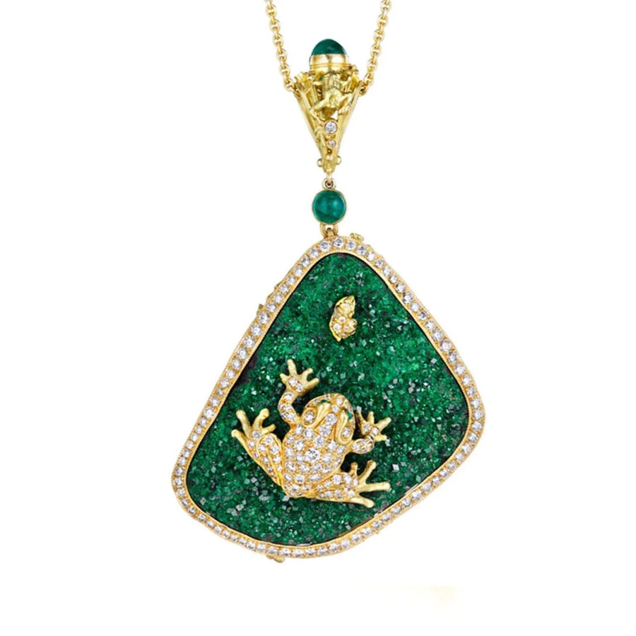 Pavé Green Druzy Tree Frog Pendant - 18ky, Uvarovite Drusy, Emerald + Diamond