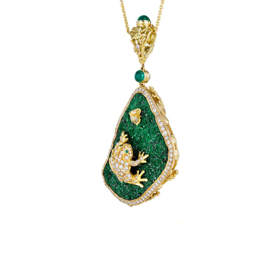 Pavé Green Druzy Tree Frog Pendant - 18ky, Uvarovite Drusy, Emerald + Diamond