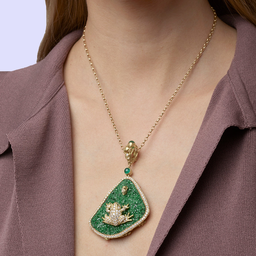 Pavé Green Druzy Tree Frog Pendant - 18ky, Uvarovite Drusy, Emerald + Diamond