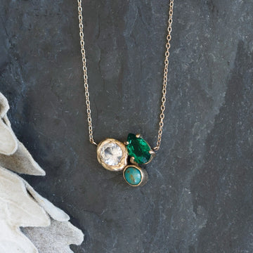 Treasure Trove Pendant - 14k Gold, White Sapphire, Emerald + Turquoise
