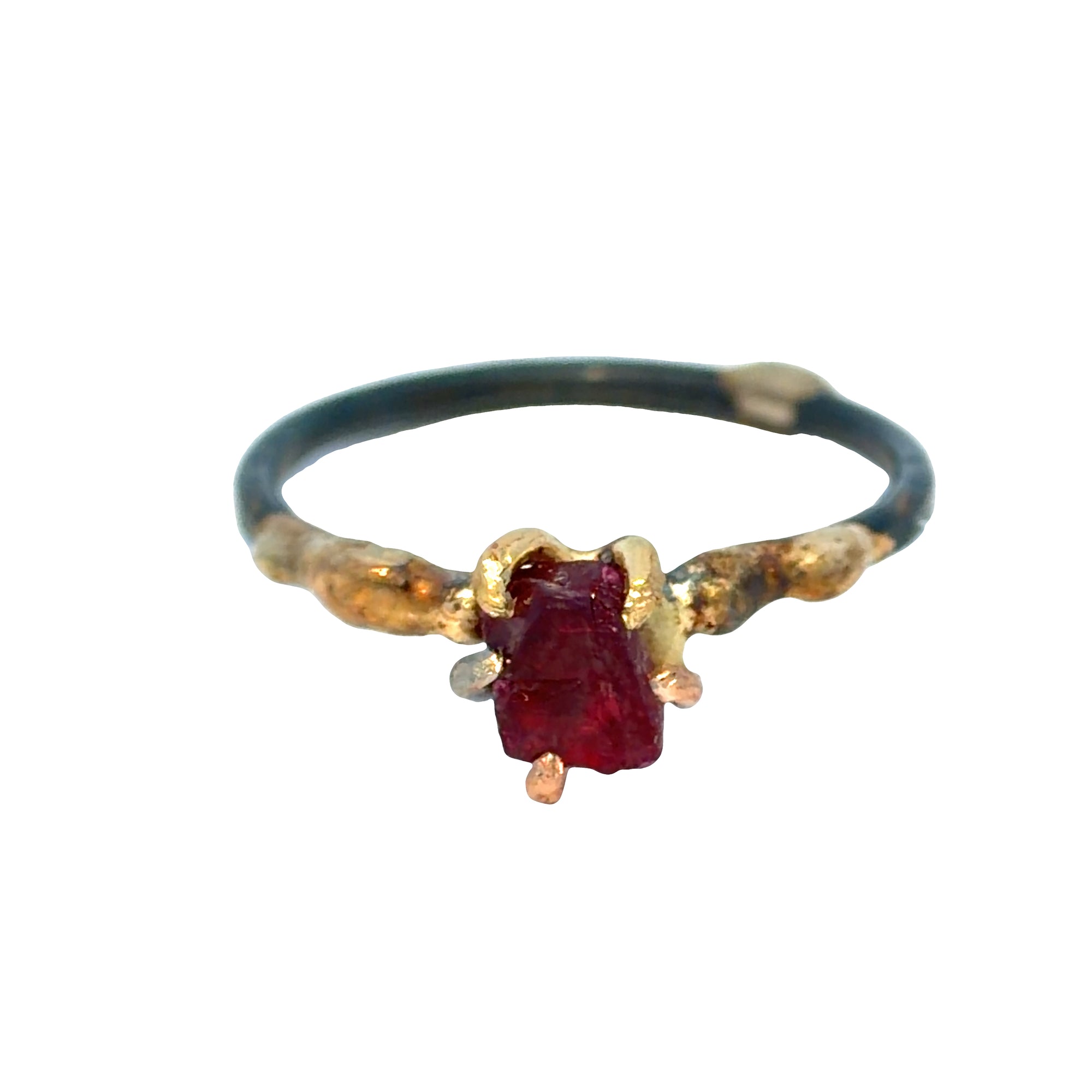 Exceptional Ruby Small Stone Ring - 18ky/14kw/14kr Gold + Oxidized Silver