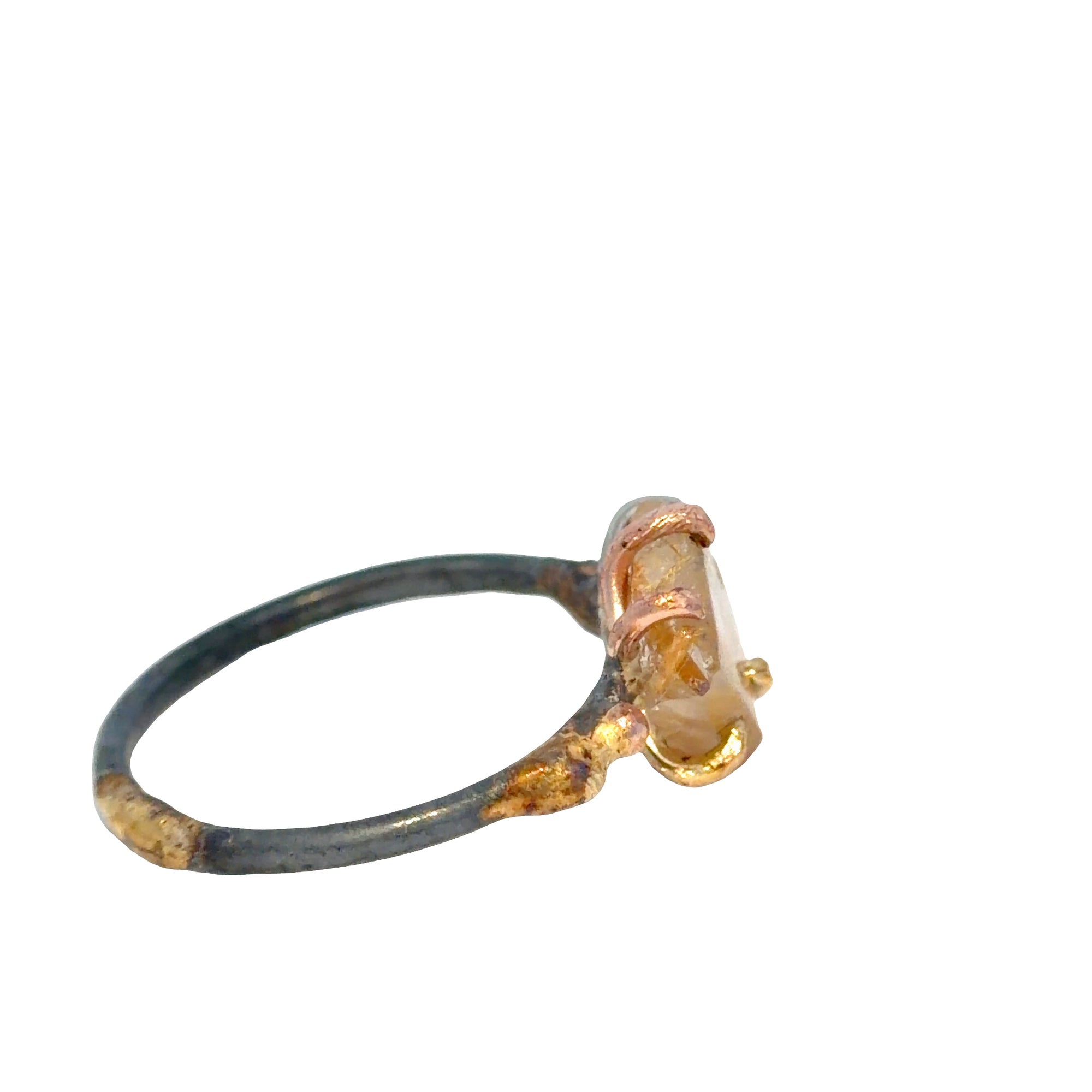 Rutilated Quartz Small Stone Ring - 18ky/14kw/14kr Gold + Oxidized Silver
