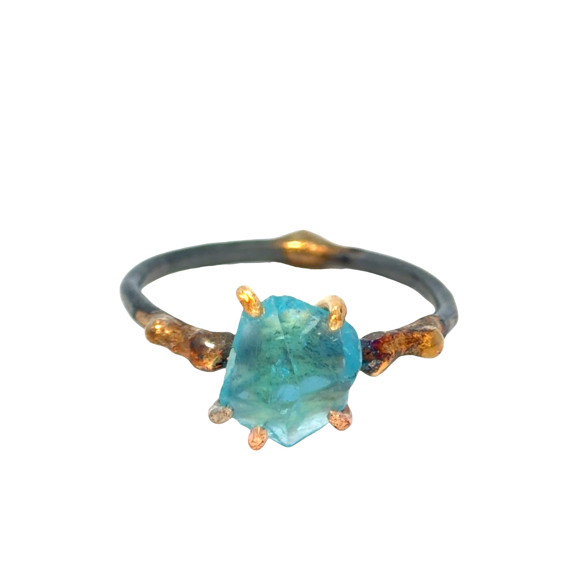 Apatite Small Stone Ring - 18ky/14kw/14kr Gold + Oxidized Silver