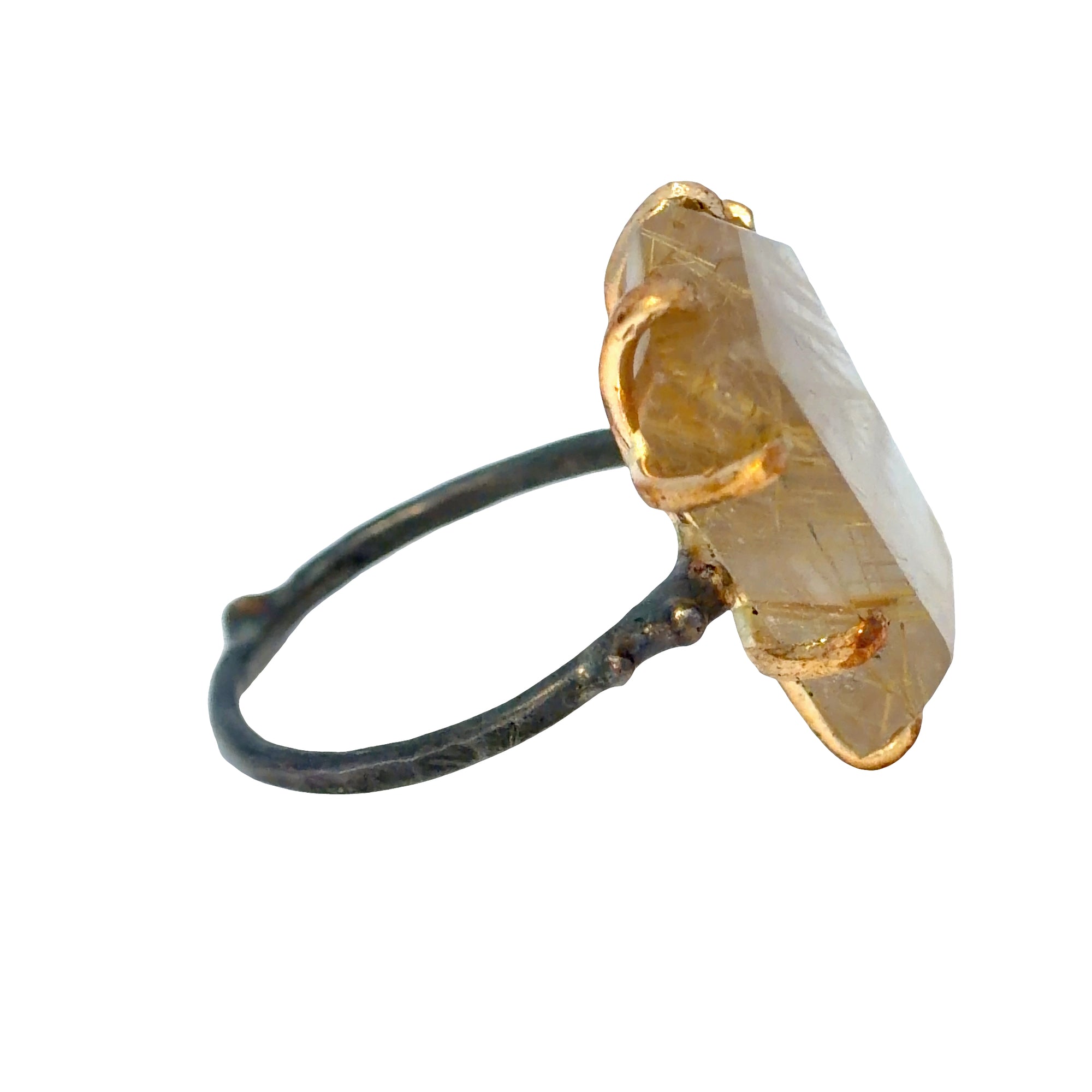 Rutilated Quartz Medium Stone Ring - 14ky Gold + Oxidized Silver