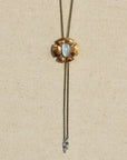 Flora Bolo Necklace - Oxidized Brass, Sterling Silver + Blue Moonstone Glass  w/Oxidized Sterling Silver 32" Chain