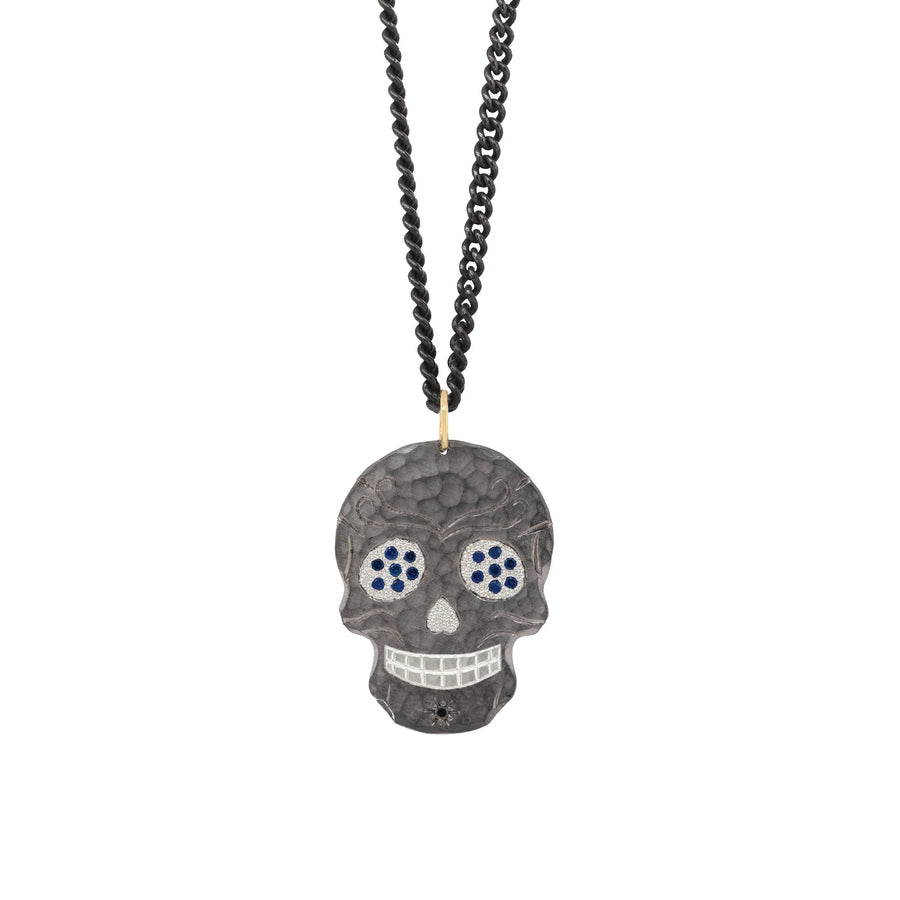 VINNY Medium Skull Pendant - 14k Gold, Oxidized Silver + Blue Sapphires