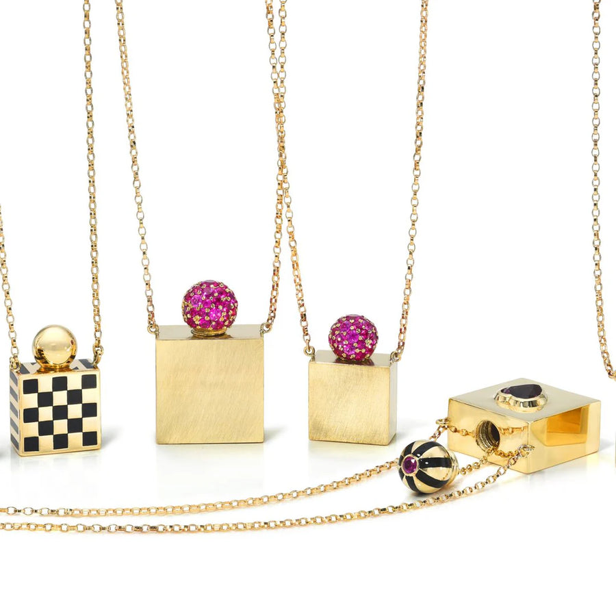 Small Heart Vessel Box Necklace - 14k Gold, Rhodolite Garnet, Magenta Sapphire + Enamel Inlay