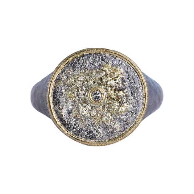 Starburst Signet Ring - 22k/18k Gold, Oxidized Silver + Diamond