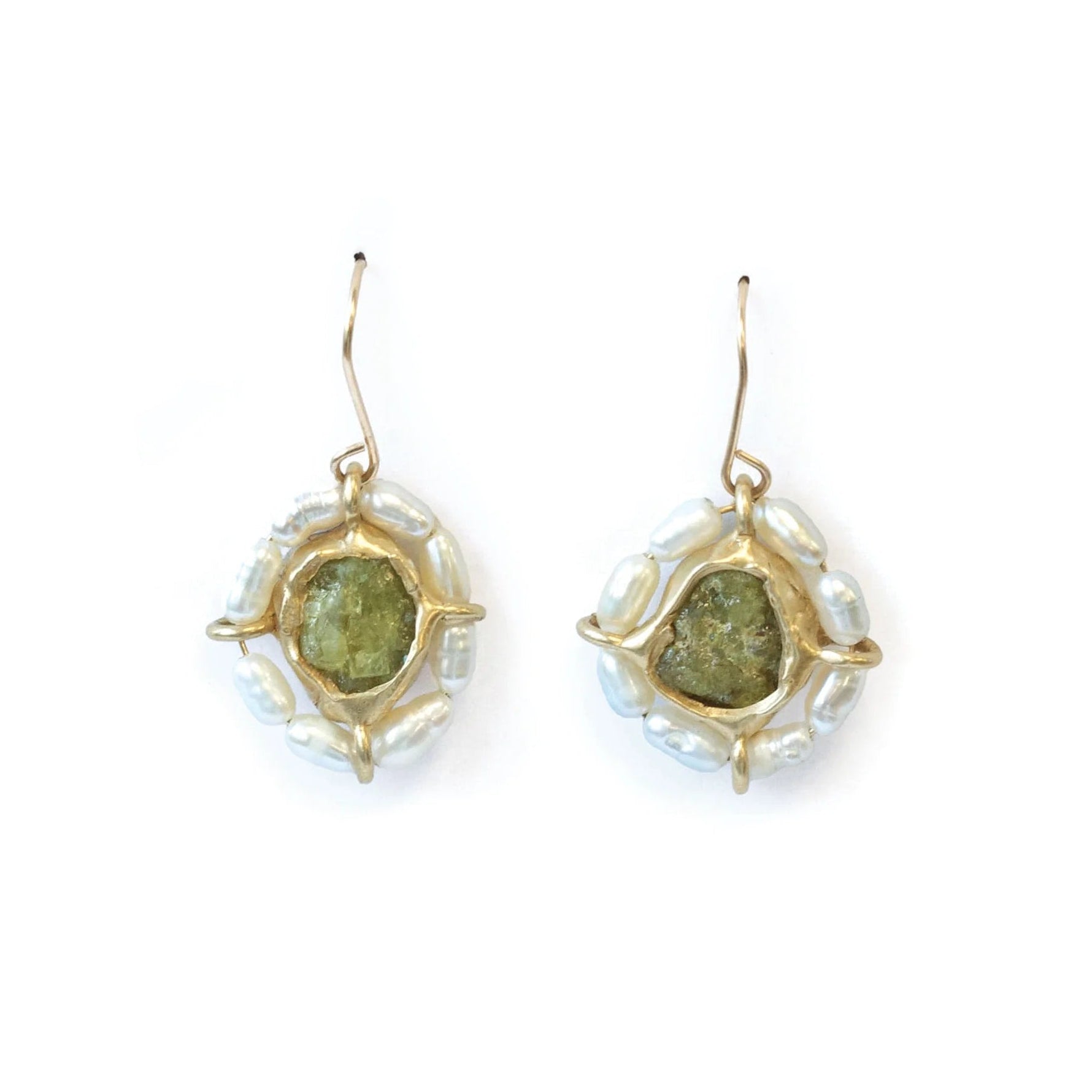 Water Lily Earrings - Brass +. Green Garnet