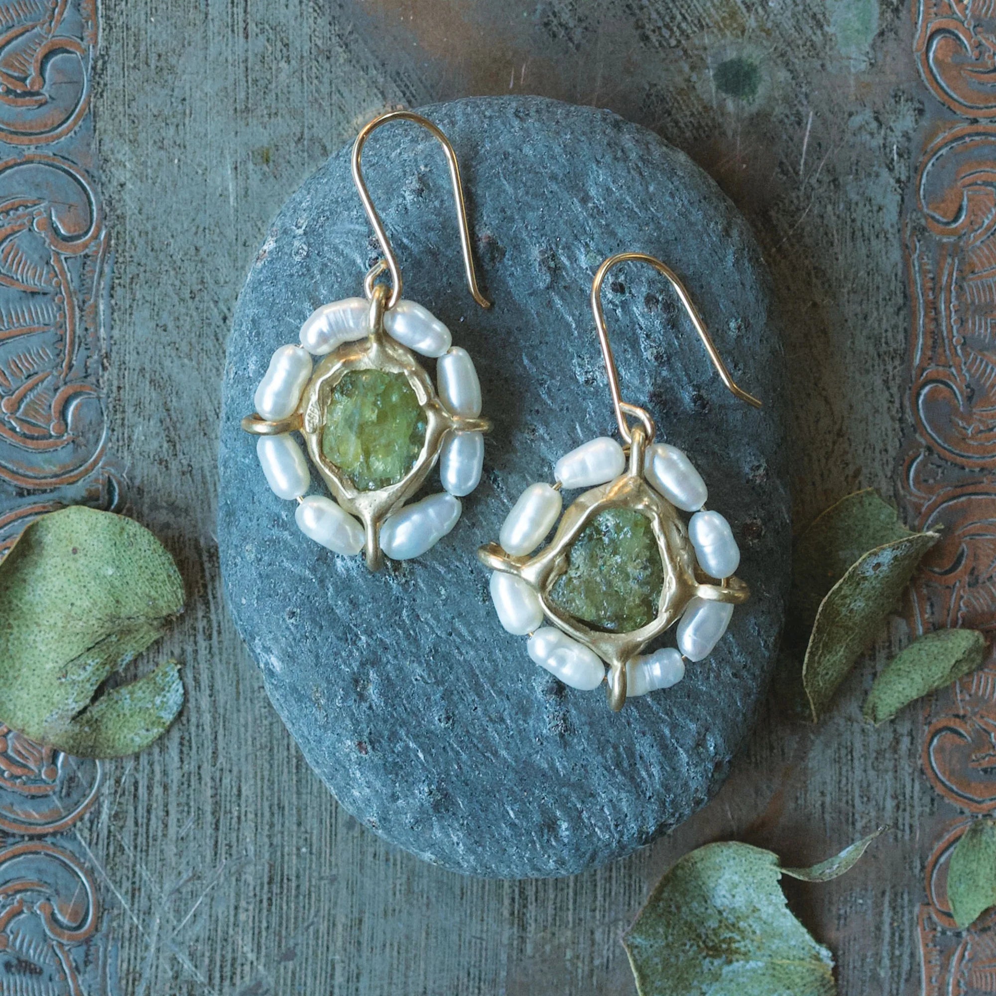 Water Lily Earrings - Brass +. Green Garnet