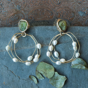 Water Lily Hoops - Brass, Sterling Silver, Green Garnet + Pearl