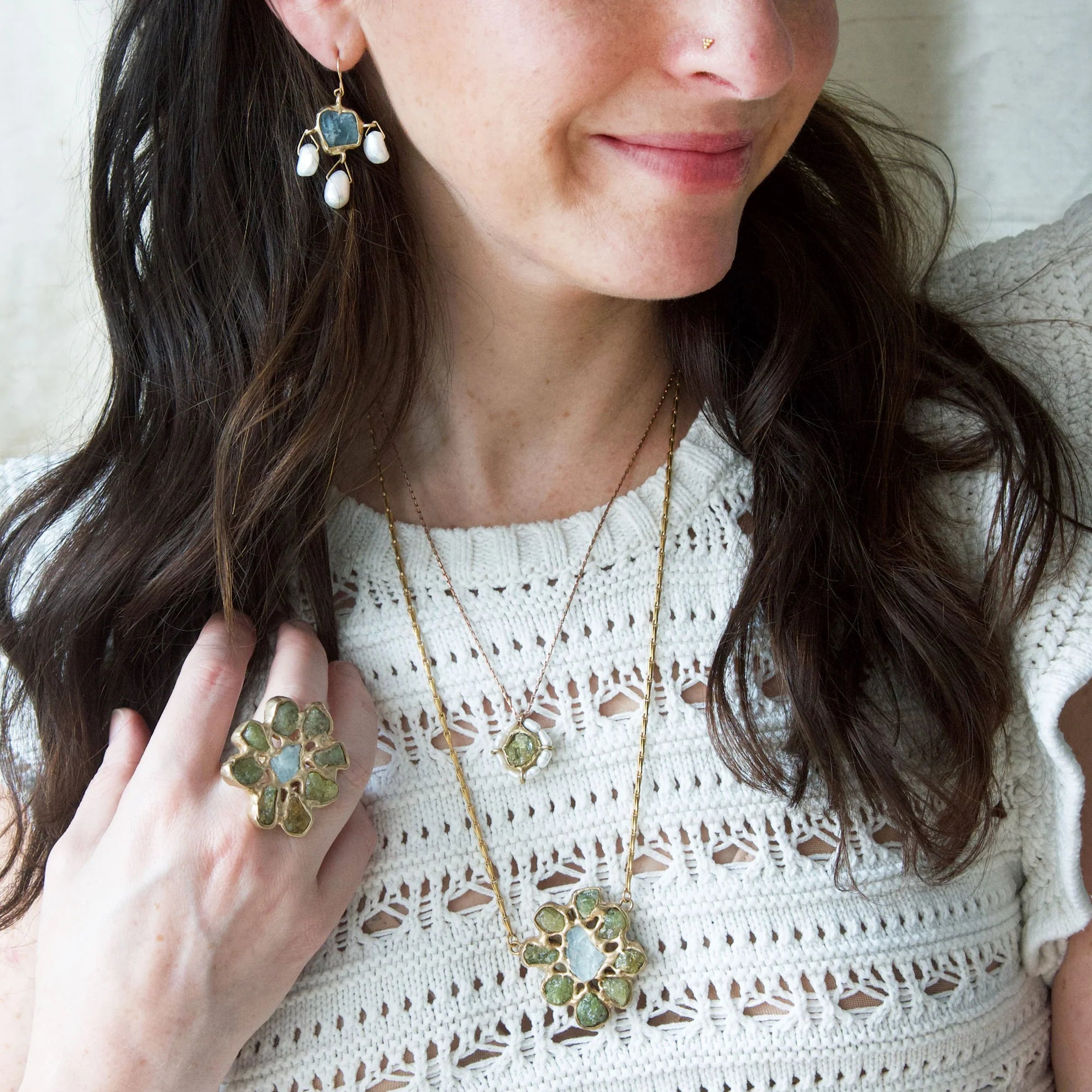 Water Lily Pendant - Brass, Green Garnet + Pearl