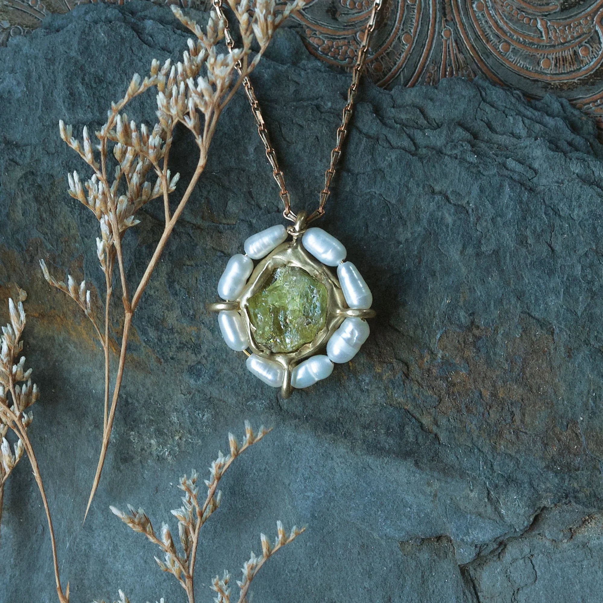 Water Lily Pendant - Brass, Green Garnet + Pearl