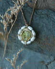Water Lily Pendant - Brass, Green Garnet + Pearl