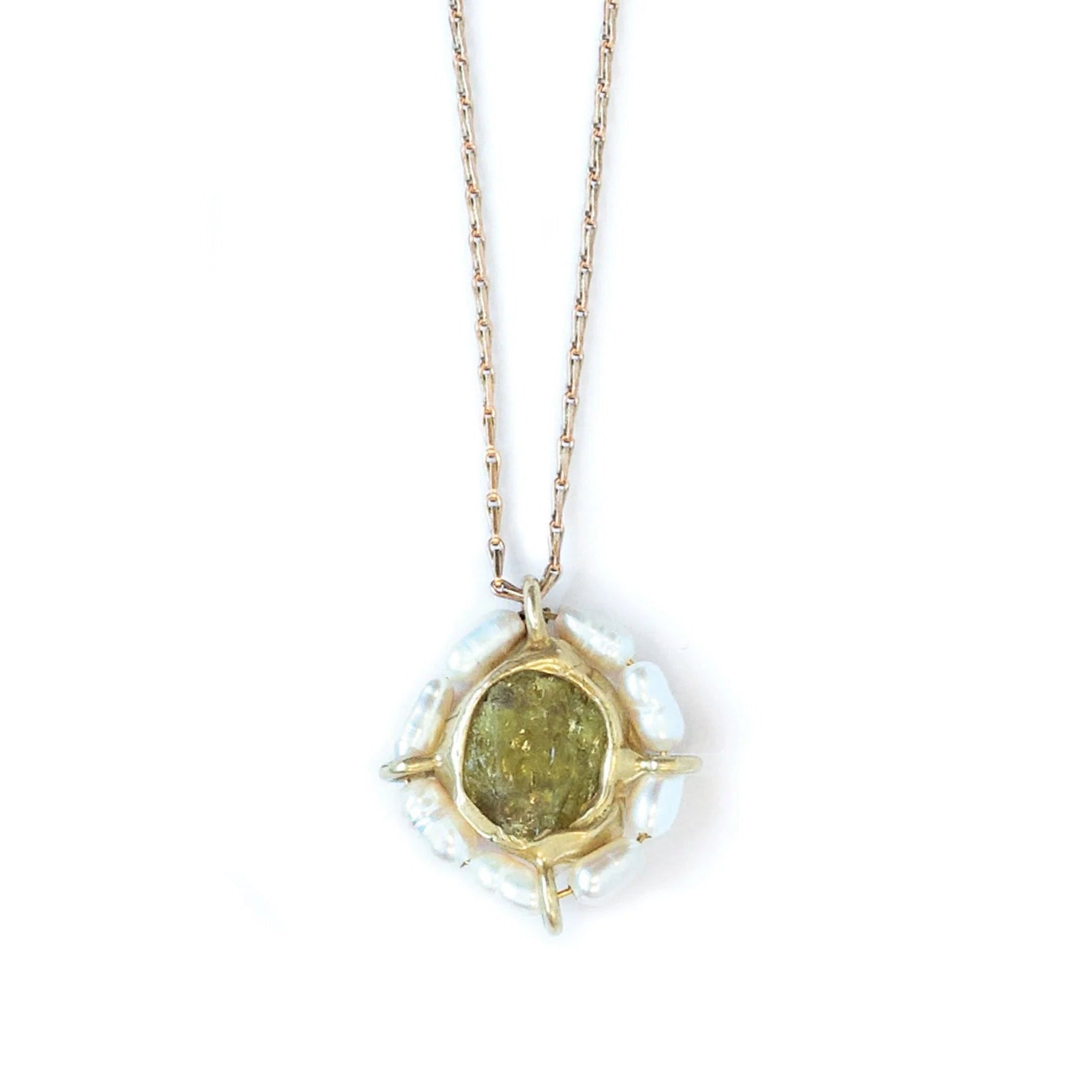 Water Lily Pendant - Brass, Green Garnet + Pearl