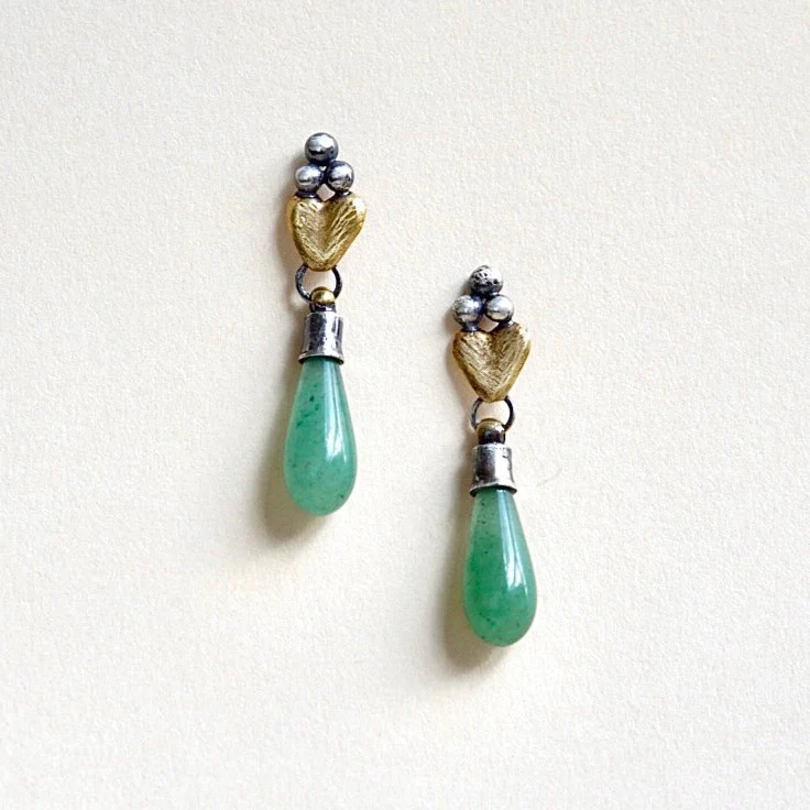 Sacred Heart Teardrop Earrings - Aventurine Gemstone, Oxidized Brass + Sterling Silver