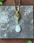 Calm Waters Pendant - Brass, Aquamarine + Green Garnet