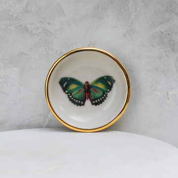 Handmade  Ceramic Emerald Butterfly Ring Dish - Golden Accents