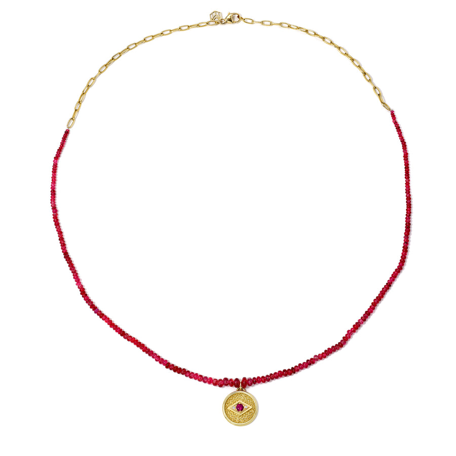 Ruby Spinel Evil Eye Necklace - 18k Gold, Diamonds + Ruby Spinel Beads