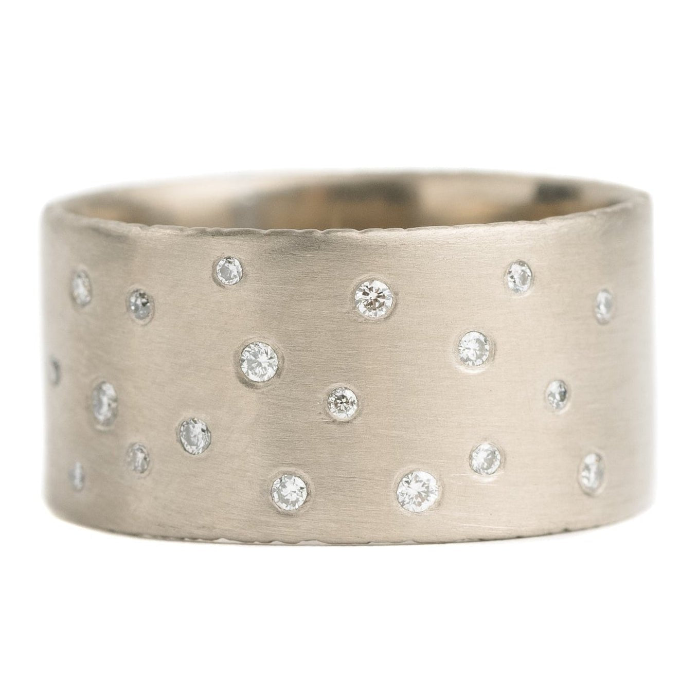 10 mm Coined Edge 14kpw Gold Scattered Diamond Band w/Diamonds Half Way Around - KMJ Kate Maller Jewelry Jewelry - Rings