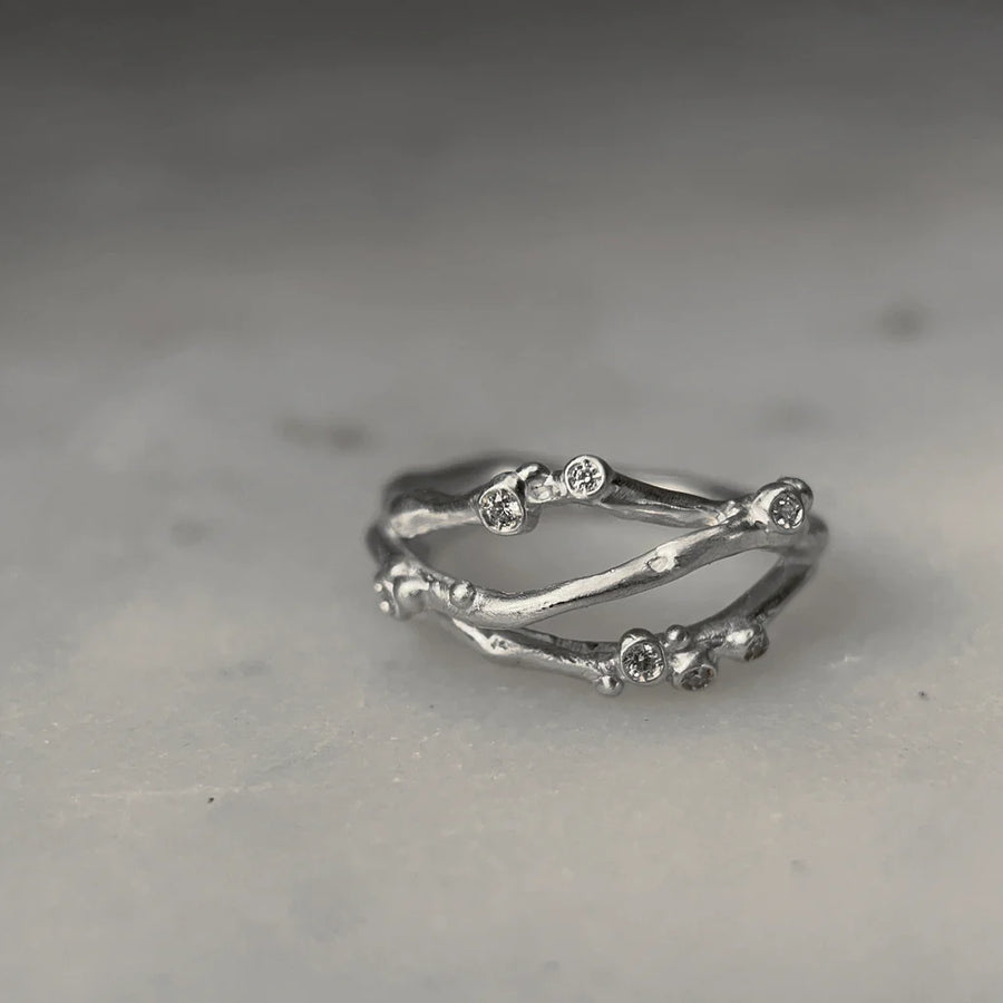 Encrusted 3 Branch Ring - Silver