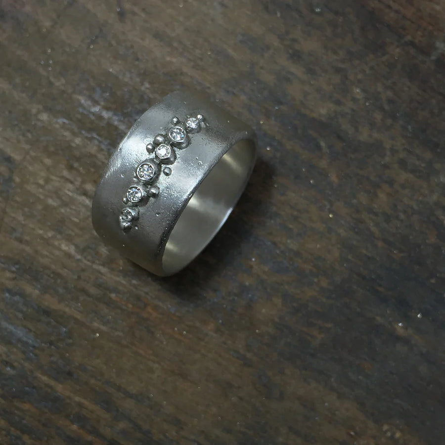 Encrusted Wide Basic Band - Silver + Diamonds