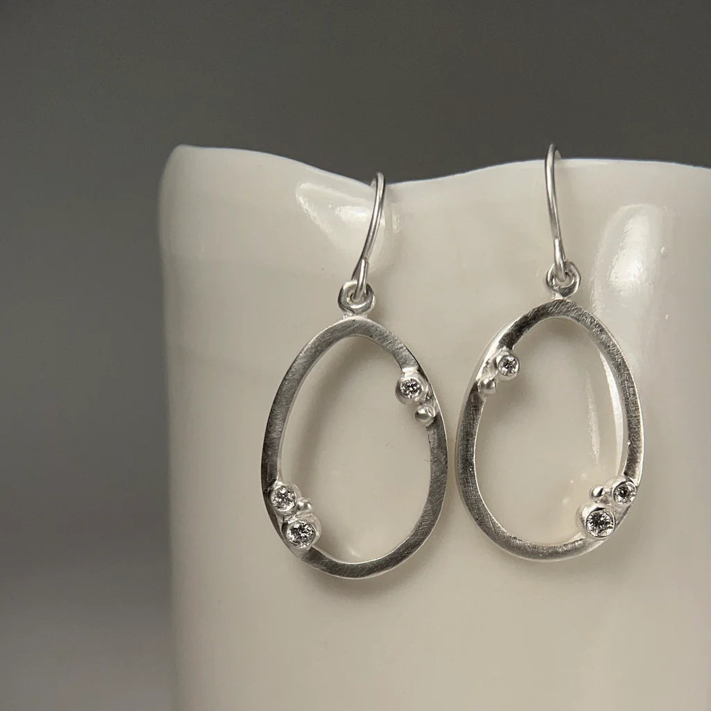 Encrusted Outlined Oval Earrings - Silver + Diamonds