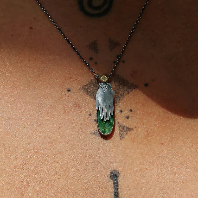 Hand Milagro Necklace - Oxidized Sterling Silver, Brass + Jade Gemstone