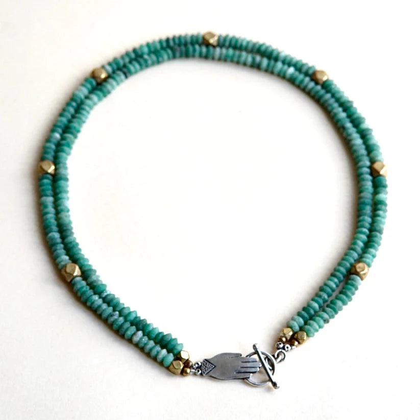 Holding Hands Necklace - Oxidized Sterling Silver + Jade Gemstone Beads