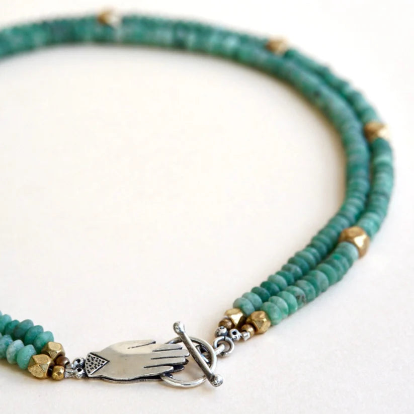 Holding Hands Necklace - Oxidized Sterling Silver + Jade Gemstone Beads