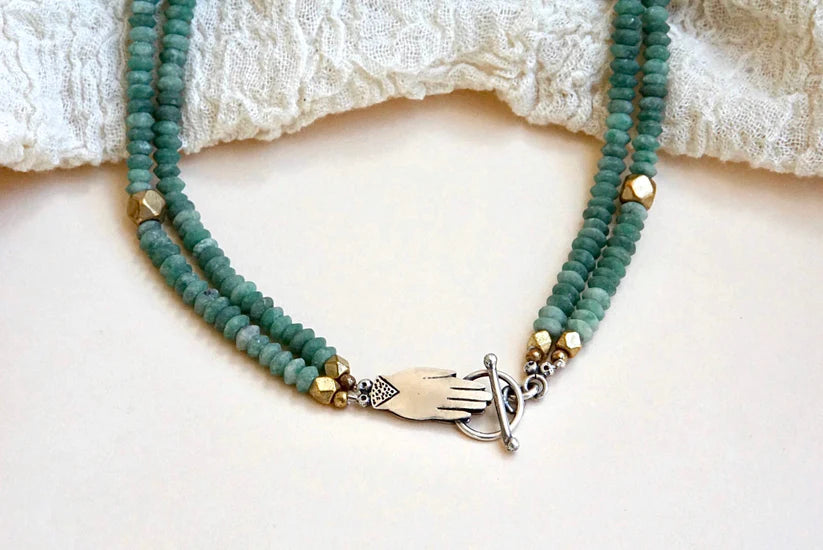 Holding Hands Necklace - Oxidized Sterling Silver + Jade Gemstone Beads