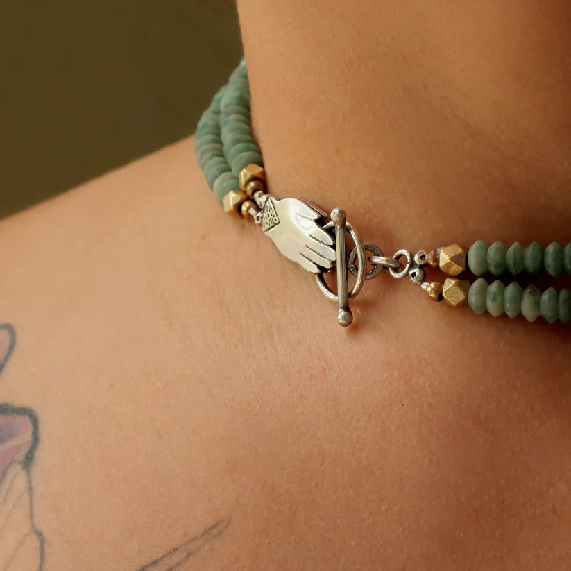 Holding Hands Necklace - Oxidized Sterling Silver + Jade Gemstone Beads