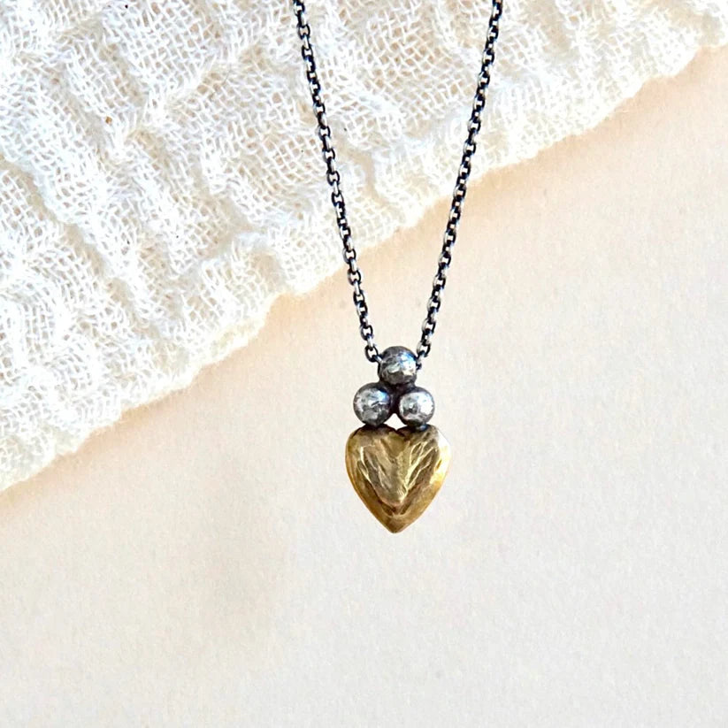 Sacred Heart Necklace - Oxidized Brass + Sterling Silver