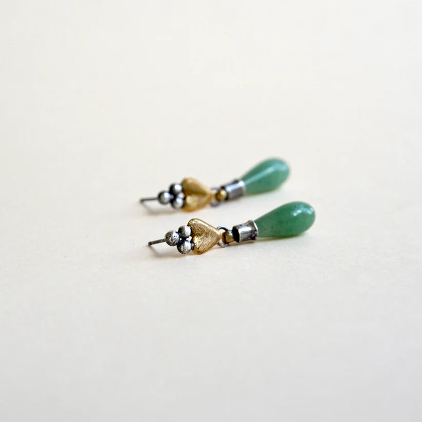 Sacred Heart Teardrop Earrings - Aventurine Gemstone, Oxidized Brass + Sterling Silver