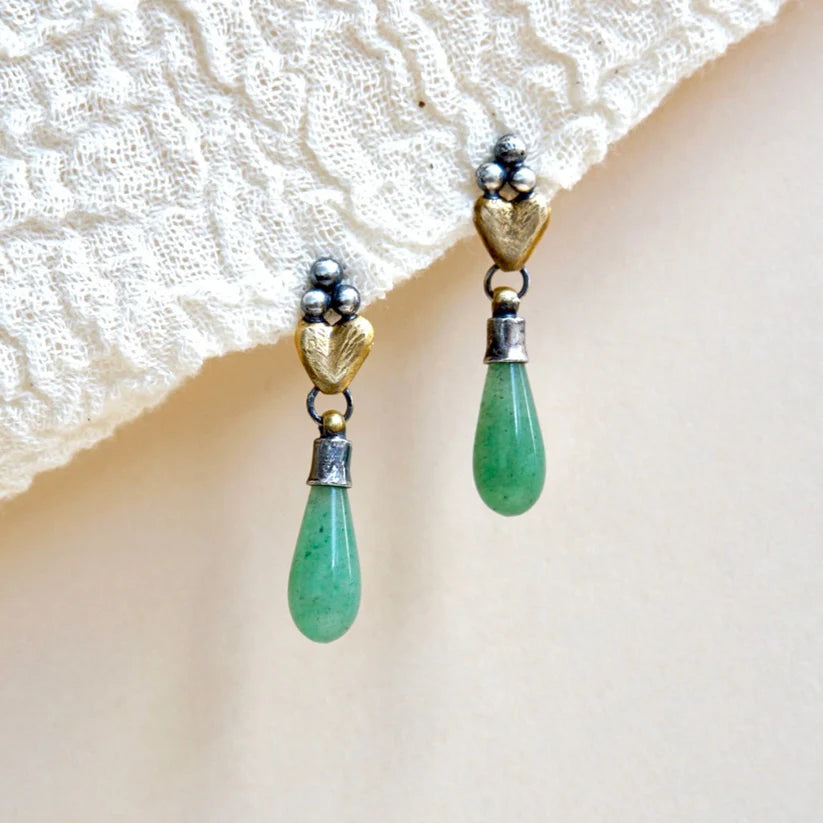 Sacred Heart Teardrop Earrings - Aventurine Gemstone, Oxidized Brass + Sterling Silver