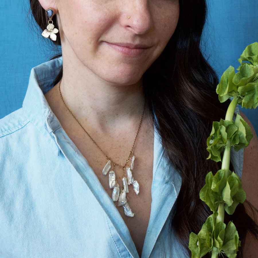 Hydrangea Bloom Earrings - Brass, Tanzanite + Silver