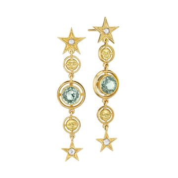 Green Sapphire Moonface Airline Earrings - 18K Gold, Green Sapphires + Diamonds