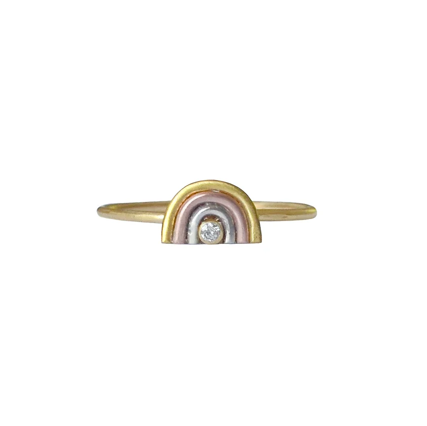 Rainbow Amulet Ring - 14ky, 14kw, 14k Rose Gold + Diamond
