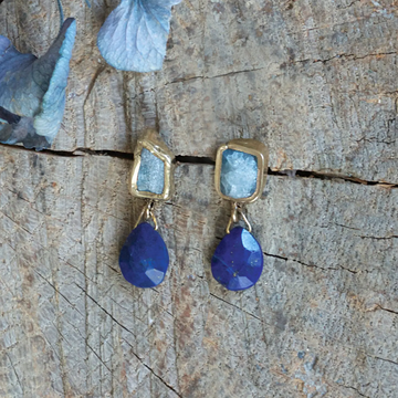 Wave Earrings - Gold Fill, Brass, Lapis + Aquamarine